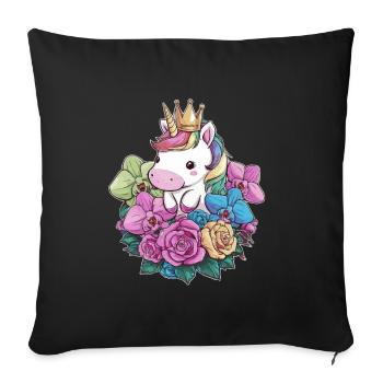 Licorne kawaii avec des roses et des orchidées - Housse de coussin décorative 45 x 45 cm - noir - Devant