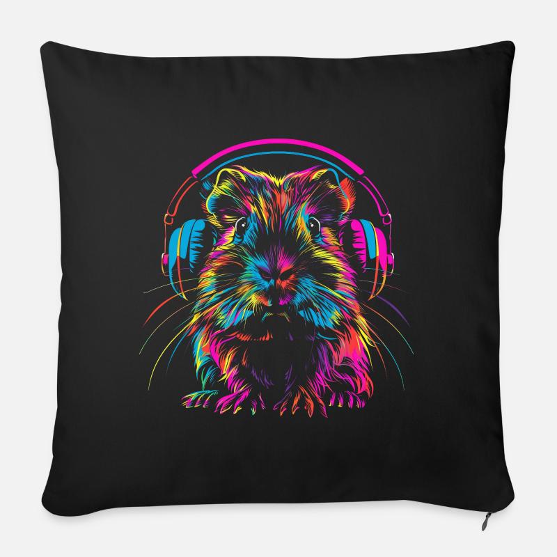 Cochon d’Inde néon avec casque - Housse de coussin décorative 45 x 45 cm - noir