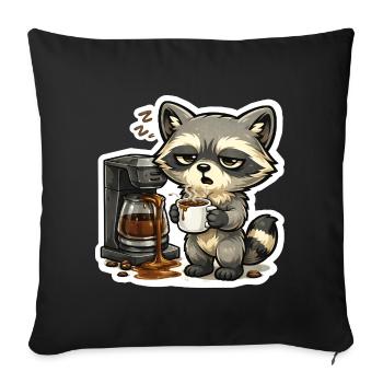 Coffee Raccoon – Tired raccoon with coffee machine - Sofa pillowcase 17,3'' x 17,3'' (45 x 45 cm) - black - Front