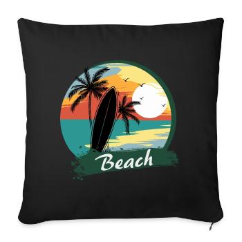 Planche de surf avec palmiers sur la plage - Housse de coussin décorative 45 x 45 cm - noir - Devant