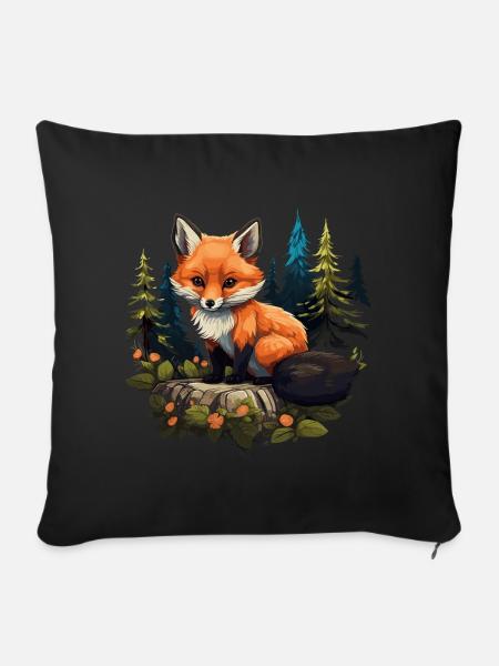 Fuchs Kopf Wald Tier Natur Bäume - Sofakissenbezug 45 x 45 cm - Schwarz