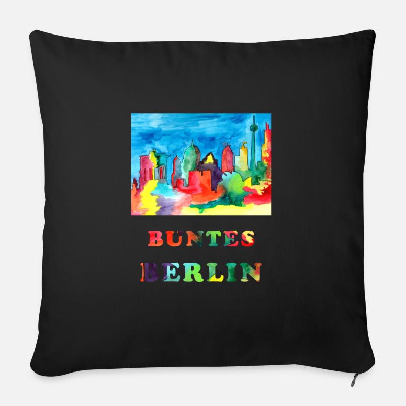 Buntes Berlin - Aquarellskizze Wahrzeichen Berlins - Sofakissenbezug 45 x 45 cm - Schwarz