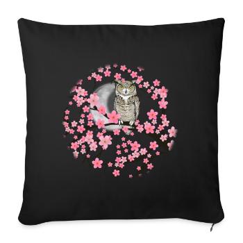 Hibou grand-duc d’Amérique dans un arbre en fleurs - Housse de coussin décorative 45 x 45 cm - noir - Devant