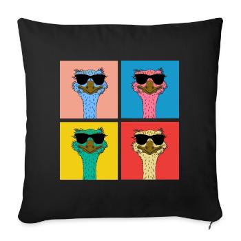 Pop Art Straußen-Laufvogel mit Sonnenbrille - Sofakissenbezug 45 x 45 cm - Schwarz - Vorne