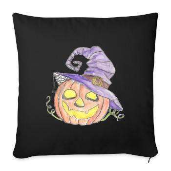 Citrouille aquarelle avec chapeau de sorcière - Housse de coussin décorative 45 x 45 cm - noir - Devant