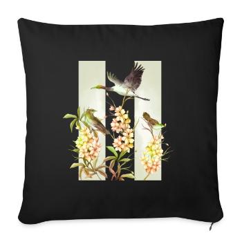 Fleurs asiatiques Oiseaux Aquarelle - Housse de coussin décorative 45 x 45 cm - noir - Devant