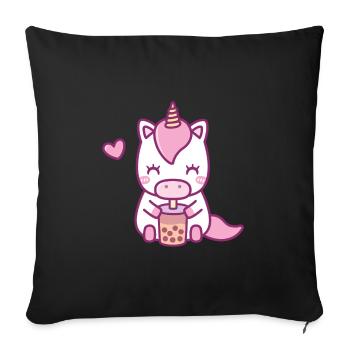 Mignonne Licorne buvant du thé Boba - Housse de coussin décorative 45 x 45 cm - noir - Devant