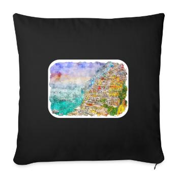 Positano, Italie, Croquis à l’aquarelle, dessiné, Illustratio - Housse de coussin décorative 45 x 45 cm - noir - Devant
