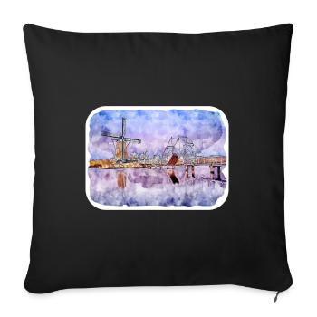 pays-bas, aquarelle, croquis, dessiné, illustration - Housse de coussin décorative 45 x 45 cm - noir - Devant
