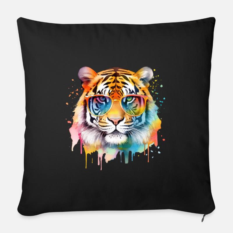 Tigre cool coloré avec des lunettes de soleil - Housse de coussin décorative 45 x 45 cm - noir
