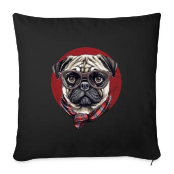 Lustiger Mops Hund mit Brille und Halstuch - Sofakissenbezug 45 x 45 cm - Schwarz - Vorne