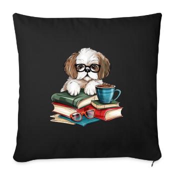 Cute dog with books, glasses and coffee mugs - Sofa pillowcase 17,3'' x 17,3'' (45 x 45 cm) - black - Front
