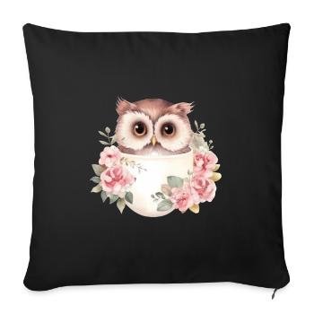 Joli hibou avec des roses dans une tasse - Housse de coussin décorative 45 x 45 cm - noir - Devant