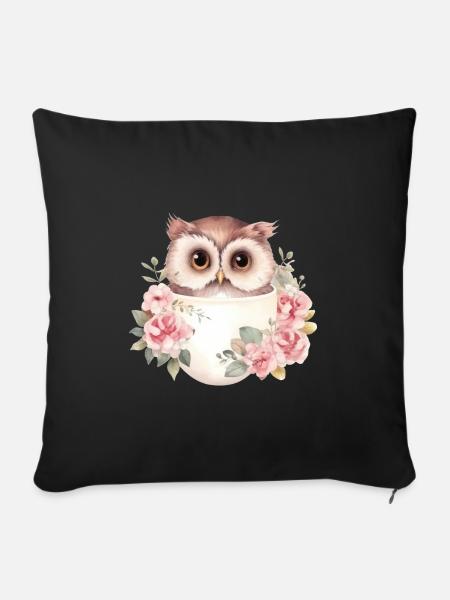 Joli hibou avec des roses dans une tasse - Housse de coussin décorative 45 x 45 cm - noir
