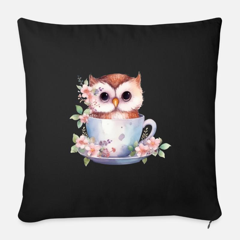 Mignon bébé hibou avec des fleurs dans une tasse - Housse de coussin décorative 45 x 45 cm - noir