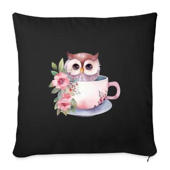 Joli hibou rose avec des fleurs dans une tasse - Housse de coussin décorative 45 x 45 cm - noir - Devant