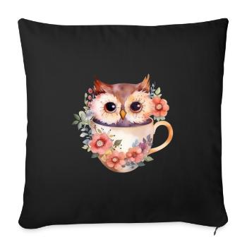 Cute owl sits in a cup of flowers - Sofa pillowcase 17,3'' x 17,3'' (45 x 45 cm) - black - Front