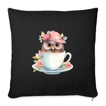 Hibou mignon avec chapeau et fleurs dans une tasse - Housse de coussin décorative 45 x 45 cm - noir - Devant