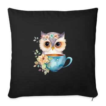 Niedliche Eule mit Kaffee und Blumen - Sofakissenbezug 45 x 45 cm - Schwarz - Vorne