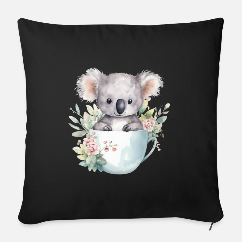 Koala souriant avec des fleurs dans une tasse - Housse de coussin décorative 45 x 45 cm - noir