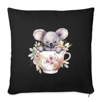 Niedlicher Koala mit Blumen in Tasse - Sofakissenbezug 45 x 45 cm - Schwarz - Vorne
