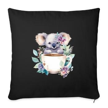 Niedlicher Koala mit Blumen in einer Tasse - Sofakissenbezug 45 x 45 cm - Schwarz - Vorne