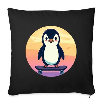 Pingouin mignon sur une planche à roulettes au coucher du soleil - Housse de coussin décorative 45 x 45 cm - noir - Devant