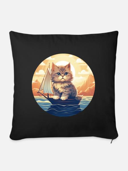 Katze Segelt im Sonnenuntergang, Romantisches - Sofakissenbezug 45 x 45 cm - Schwarz