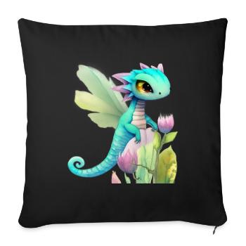 Kawaii Dragon Cartoon sur Fleur Rose - Housse de coussin décorative 45 x 45 cm - noir - Devant