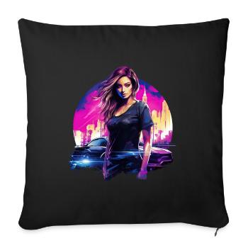 Une femme et sa voiture partent à la conquête de la ville - Housse de coussin décorative 45 x 45 cm - noir - Devant
