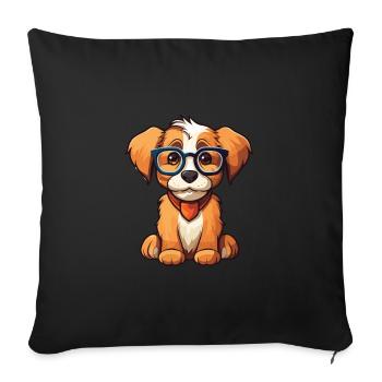 chien portant des lunettes dessin animé Kawaii Illustration - Housse de coussin décorative 45 x 45 cm - noir - Devant