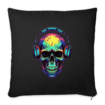Bunter abstrakter Totenkopf mit Kopfhörer - Sofakissenbezug 45 x 45 cm - Schwarz - Vorne