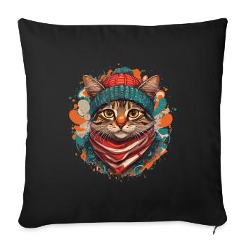 Un chat mignon portant une écharpe épaisse et un chapeau - Housse de coussin décorative 45 x 45 cm - noir - Devant