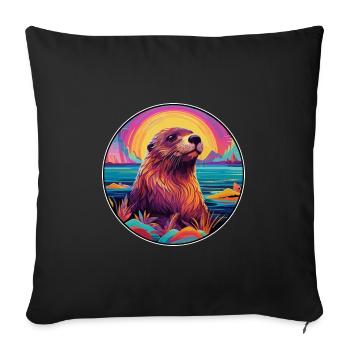 Castor Aquarelle Colorée Dessin Animé Kawaii Animal - Housse de coussin décorative 45 x 45 cm - noir - Devant