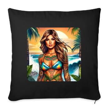 Fille de plage sexy avec des tatouages - Housse de coussin décorative 45 x 45 cm - noir - Devant