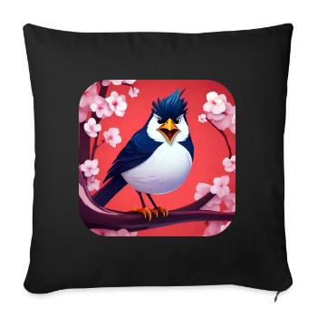 Lustiger kleiner Vogel mit Kirschblüten - Sofakissenbezug 45 x 45 cm - Schwarz - Vorne