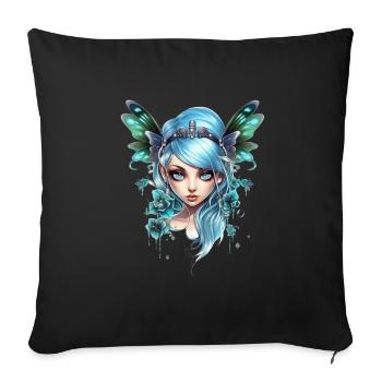 Fée Papillon aux cheveux bleus – Fantaisie - Housse de coussin décorative 45 x 45 cm - noir - Devant