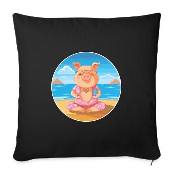 Cochon Dessin Animé Yoga Plage Été Illustration - Housse de coussin décorative 45 x 45 cm - noir - Devant