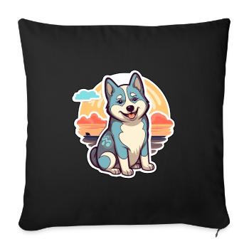 Husky chien drôle dessin animé kawaii plage illustration - Housse de coussin décorative 45 x 45 cm - noir - Devant
