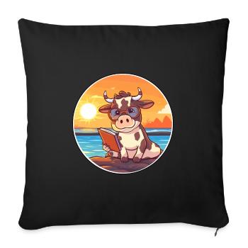 Vache Mignon Drôle Dessin Animé Kawaii Livre Plage - Housse de coussin décorative 45 x 45 cm - noir - Devant