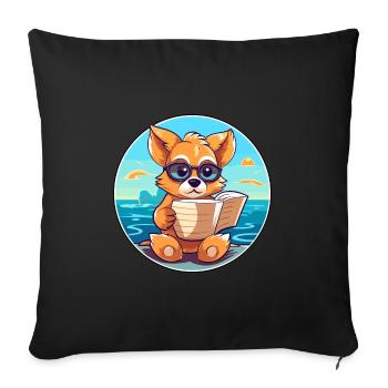 Chien Mignon Drôle Dessin Animé Kawaii Livre Plage - Housse de coussin décorative 45 x 45 cm - noir - Devant