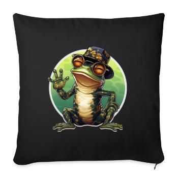 happy cooler Frosch mit Brille und Hut beim winken - Sofakissenbezug 45 x 45 cm - Schwarz - Vorne
