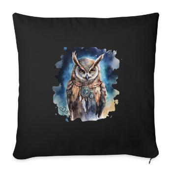 Hibou animal de pouvoir, sagesse, intuition, chamanique - Housse de coussin décorative 45 x 45 cm - noir - Devant