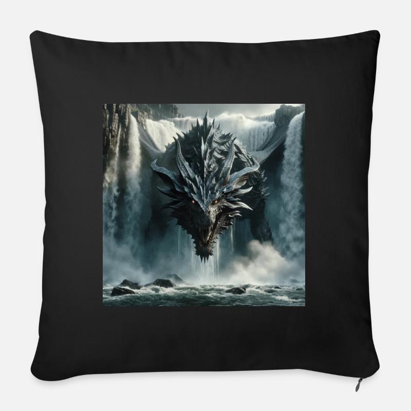 Drache im Wasserfall - Sofakissenbezug 45 x 45 cm - Schwarz