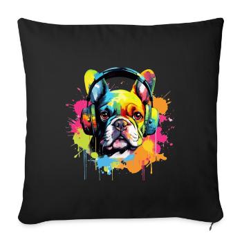 Bouledogue français coloré avec des écouteurs - Housse de coussin décorative 45 x 45 cm - noir - Devant
