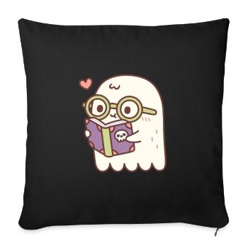 Fantôme mignon lisant un livre avec un crâne - Housse de coussin décorative 45 x 45 cm - noir - Devant