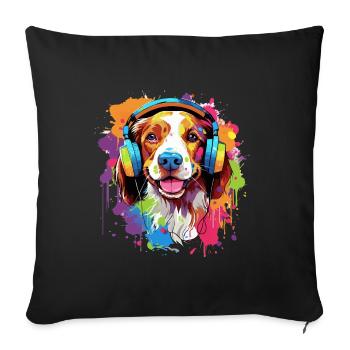 Bunter Brittany Hund mit Kopfhörer - Sofakissenbezug 45 x 45 cm - Schwarz - Vorne