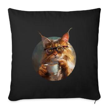 Illustration de Chat avec sa tasse de café - Housse de coussin décorative 45 x 45 cm - noir - Devant
