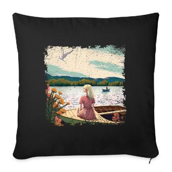 Woman sitting in boat by the water - Sofa pillowcase 17,3'' x 17,3'' (45 x 45 cm) - black - Front