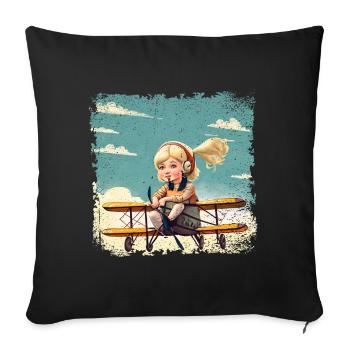 Fille assise sur un biplan | Fantaisie - Housse de coussin décorative 45 x 45 cm - noir - Devant